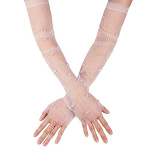 lot 2021 image: LUTER 2pcs Pearl Gloves, 18inch Pearl Gloves Fingerless Tulle for Women Tulle Long Bridal for Opera Halloween Costume Party Dance (White)