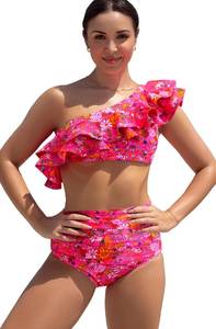 lot 2043 image: Women High Waist Swimsuit Flounce One Shoulder Bikini Padded Bathing Suit S