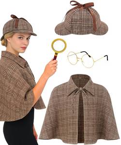 lot 2046 image: Adults Detective Costume Mens Womens Victorian Outfit Inverness Cape Deerstalker Hat for Halloween Cosplay Lace M