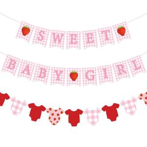 lot 2053 image: Maitys 3 Pcs Strawberry Baby Shower Decorations Girl Banners Pink Gingham Paper Garland with Baby Clothes Shaped Bunting for Girl Strawberry Birthday Party Supplies