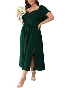 lot 2330 image: SCOMCHIC Women Plus Size Dresses Short Sleeve Sweetheart Neckline Wedding Guest Cocktail Smocked A Line Slit Maxi Dress Emerald Green 2XL