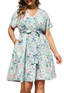 lot 2381 image: Nemidor Women Plus Size Summer Dress Floral Print Swing Boho V Neck Short Sleeve Casual Dresses with Pocket 14-26(295,26,Green Print)