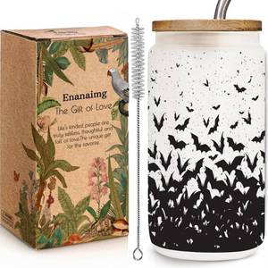 lot 2384 image: Halloween Cup Its Spooky Girl Season Gifts for Friend, Fall Gifts, Halloween Coworker Bats Cup, Halloweens Cups Gift for Best Friend, Spooky Season Mug 16 OZ Glass Cups with Bamboo Lid & Straw