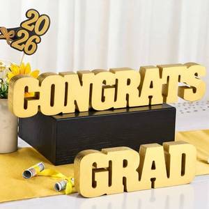 lot 2408 image: Geelin Congrats Grad Decorations Congrats Grad Sign Wooden Sign Table Centerpieces for Class of 2026 Photo Booth Prop Gift for College High School Graduation Party Decor Supplies(Golden)