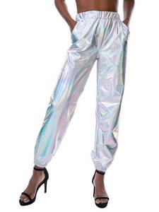 lot 2416 image: SIAEAMRG Womens Shiny Metallic High Waist Stretchy Jogger Pants, Wet Look Hip Hop Club Wear Holographic Trousers Sweatpant (Silver, XXL)