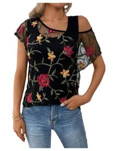 lot 2420 image: MakeMeChic Womens 2 in 1 Tee Shirt Short Sleeve Contrast Lace Asymmetrical Neck Summer Top Black A Small