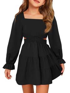 lot 2438 image: Haloumoning Girls Dresses Long Sleeve Square Neck Crossover Waist Casual A-Line Spring Fall Dress 5-14Y Black
