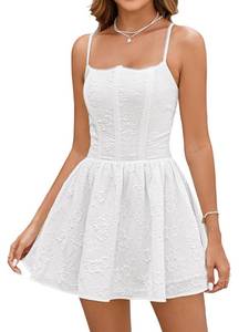 lot 2442 image: EYNMIN Jacquard Mini Dress Corset Spaghetti Strap Smocked Flowy A Line Short Graduation Dresses for Women Summer 2025 White L