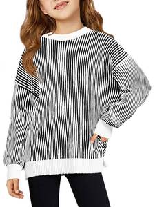 lot 2443 image: Haloumoning Girls Striped Pullover Sweaters Chenille Crew Neck Cable Knit Tops 5-14 Years Black
