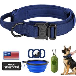 lot 2461 image: HYDEME Tactical Dog Collar Adjustable Nylon Collar with Control Handle and Heavy Metal Buckle for Medium and Large Dogs, with Patches&Airtags Case&Poop Bag Dispenser&Portable Bowl.(L, DarkBlue-Set)