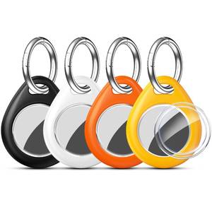 lot 2481 image: RFUNGUANGO Compatible AirTag Holder Air Tag Keychain Protective Case - 4 Pack Air Tag Protective Case with Metal Keychain for Kids, Pets, Luggage, Backpacks, Keys, Black,White,Orange,Yellow
