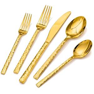 lot 2497 image: KINGSTONE 40 Piece Gold Silverware Set, Hammered Silverware Set for 8, 1810 Stainless Steel Flatware Includes Fork Spoon Knife, Cutlery Utensil Set for Party, Wedding, Mirror Polished Dishwasher Safe