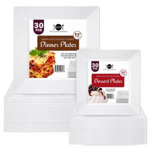 lot 3049 image: Ayas 60ct Square Plastic Disposable Plates, White - 9.5-Inch 30 Dinner and 6.5-Inch 30 Salad Plates for Party - Heavy-Duty Hard Plastic Design for Wedding, Event, Christmas, and Thanksgiving