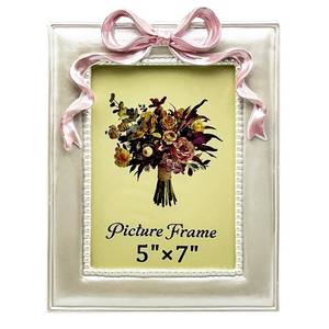lot 4103 image: JANDERART Vintage Picture Frame 5x7 Inch, Ornate Cute Photo Frames with Glass Front, Pink Bow Design, Tabletop & Wall Hanging, Girls Room, Gift Ideas, Pearly White