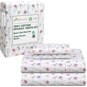 lot 4105 image: RUVANTI 100% Cotton Organic Percale Sheets, Queen Size, Obsessed Stems