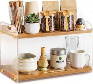 lot 5190 image: 2 Tier Coffee Station Organizer - Acrylic & Pine Wood coffee bar shelf, Easy-to-Clean matcha station for Kitchen Countertops, for Placing Mugs, Coffee Beans, Syrup, Cups etc.(15.75 x6.18 x 9.37)