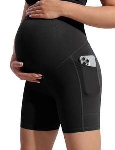 lot 6277 image: POSHDIVAH Womens Creamluxe Maternity Biker Shorts Over The Belly with Pockets - 6 Summer Pregnancy Yoga Workout Lounge Underwear Short Black Small