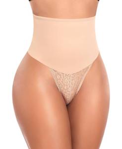 lot 6286 image: Werena Tummy Control Thong Shapewear for Women High Waist Body Shaper Panties Girdle Lace Shaping Underwear(A# Lace Beige (Mid Waisted), Medium)