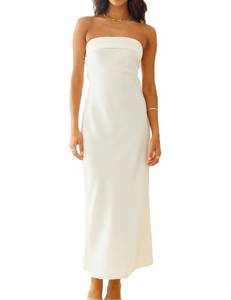 lot 6294 image: Realtix Satin Silk Backless Tube Tops Maxi Dress for Women Low Back Hollow Out Elegant Strapless Long Dresses Wedding Guest White size M