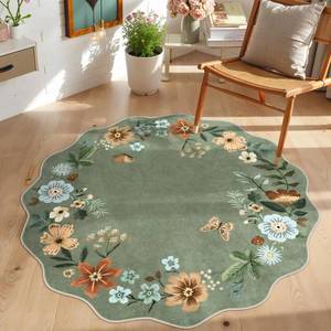 lot 6297 image: Lahome Floral Round Area Rugs, Washable Small Round Rug 3ft Non-Slip, Soft Boho Ultra-Thin Circle Carpet for Bedroom Entryway Kitchen Laundry Bathroom, Green