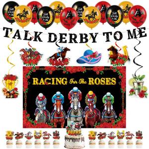 lot 6332 image: 33 Pcs Derby Day Party Decorations, Horse Racing Roses Party Pack with Banner Balloons Cake Topper Cupcake Toppers Hanging Swirls Backdrop, Equestrian Theme Decor for Home Event