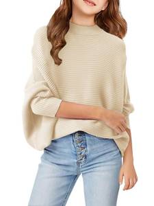 lot 6347 image: Girls Oversized Sweater Kids Fashion Batwing Sleeve Ribbed Knit Pullover Tops 5-14 Years Beige