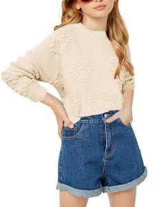 lot 6349 image: Haloumoning Girls Cute Heart Love Print Sweater Tops Oversized Crew Neck Dot Ball Knitted Valentine Pullover size 5-14 Years Beige