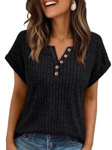 lot 6359 image: AUTOMET Women Tops Summer Sweaters Short Sleeve V Neck Henley Shirts 2025 Spring Business Casual Fashion Dressy Button Blouses Beach Vacation Clothes Outfits Black M