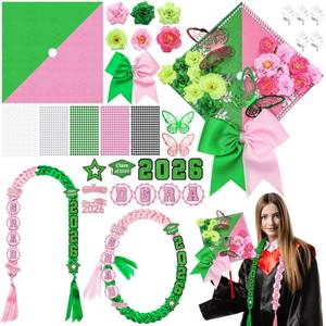 lot 6365 image: Dunzoom 71 Pcs Pink and Green Witch DIY Graduation Ribbon Lei and Cap Decoration Kit 62.2 Double Braided Lei Glitter Paper Flower Butterfly Bow Sticker Grad Hat Topper Accessories for Class of 2026