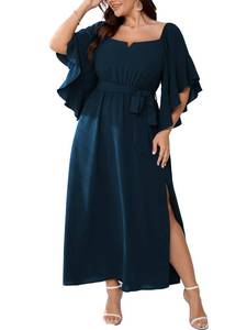 lot 6380 image: SCOMCHIC Women Plus Size Wedding Guest Maxi Dress Square Neck Ruffle 34 Sleeve Belted Slit A Line Formal Long Dresses Lake Blue size 1 XL