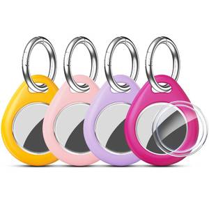 lot 6392 image: RFUNGUANGO Compatible AirTag Holder Air Tag Keychain Protective Case - 4 Pack Air Tag Protective Case with Metal Keychain for Kids, Pets, Luggage, Backpacks, Keys, Yellow,Pink,Purple,Rosered