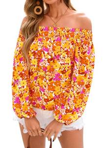 lot 6417 image: KIRUNDO Off The Shoulder Tops for Women 2026 Spring Summer Tops Boho Floral Blouse Long Sleeve Shirts Fashion Clothing(Orange Flower, Small)