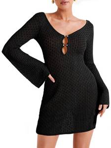 lot 6418 image: Saodimallsu Womens Crochet Swimsuit Coverup Summer Sexy V Neck Bell Sleeve Hollow Knit Beach Cover Ups Dress Black size M
