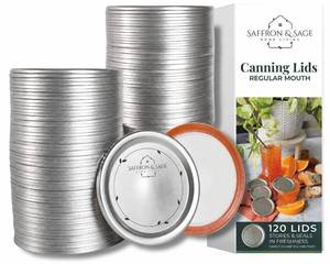 lot 6445 image: Saffron & Sage Canning Lids Regular Mouth - 120 Count Quality Universal Lids for Ball, Kerr Mason Jars - Good Sealing Performance for a Tight Seal, Food Grade, Rust Proof, and Thick to Prevent Warping