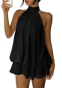 lot 7109 image: Famnbro Women Chiffon Dress Sleeveless Halter Neck Backless Ruffle Flowy Mini Sexy Summer Party Wedding Guest Dresses Black Xs