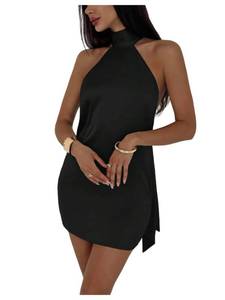 lot 8104 image: SOLY HUX Womens Halter Mini Dress Tie Backless Sleeveless Satin Bodycon Party Going Out Dresses Solid Black Small