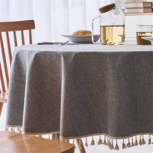 lot 8126 image: Dimatic Linen Textured Round Tablecloth with Tassel - Waterproof Spill Proof Table Cover for Kitchen Dining Tabletop Decoration, Grey, Round - 62 inch