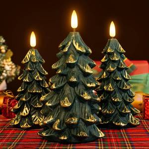 lot 9375 image: Yongmao Green Christmas Tree Shaped Flickering Flameless LED Candles with Timer, Real Wax Battery Operated, Set of 3