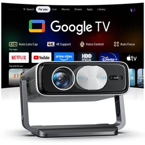 lot 9383 image: Smart Projector Bundled with Google TV Stick and 4K Support with WiFi and Bluetooth,2500ANSI, Auto Lens Cap, Portable Outdoor Projector with Built-in Apps Auto Focus for CeilingHome TheaterBedroom