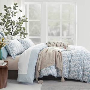 lot 9387 image: LEMIROE Vintage 100% Cotton Duvet Cover Queen Size 3PC - Elegant Pale Slate Blue Floral Pattern on White with Light Blue & White Striped Reverse, Luxurious Bedding Set with Button Closure (90�90)