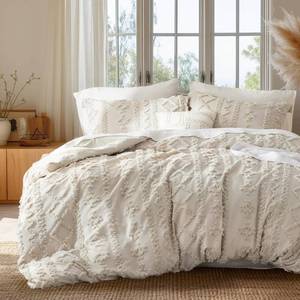 lot 9403 image: Bedsure Boho Duvet Cover Queen, Tufted Embroidery, 3-Piece, Linen