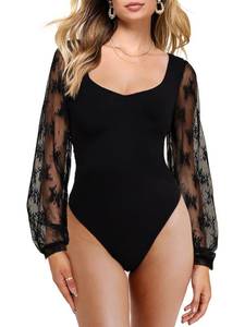 lot 10141 image: Aisbei Womens Square Neck Double Lined Mesh Long Sleeve Bodysuits Slim fit Trendy Going Out Tops Shirts-Black S