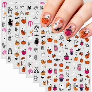 lot 10182 image: 8 Sheet Halloween Nail Stickers Cute Pumpkin Bat Spider Cat Self-Adhesive Halloween Stickers for Nails for Women Halloweens DIY Manicure Supplies