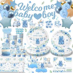 lot 10191 image: 175PCS Blue boy Baby Shower Decorations Birthday Decorations Disposable Plates Napkins Set, Banner, Hanging Swirls, Tablecloth, Cake Topper, Balloon, Honeycomb Centerpieces Table Decorations