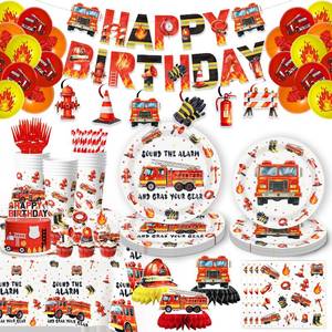 lot 10237 image: Fire Truck Party Supplies Firetruck Birthday Decorations Firefighter Disposable Plates Napkins Set, Banner, Hanging Swirls, Tablecloth, Cake Topper, Balloon, Fireman Honeycomb Centerpieces