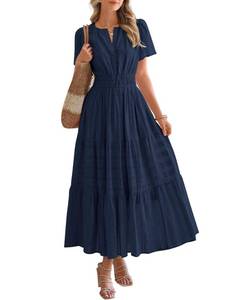 lot 10309 image: BTFBM Womens Summer 2026 Casual Midi Maxi Dresses Lightweight Short Sleeve V Neck Elastic Waist Boho Beach Dress Pockets(Navy, Large)