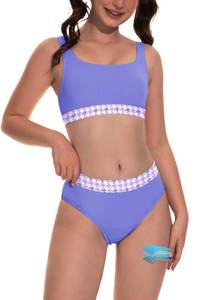lot 10329 image: Beautikini Period Swimwear Two Piece Menstrual Leakproof Swimsuit Bikini Set Mid Waist Print Bathing Suit for Women Purple L