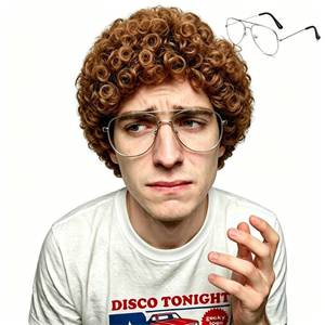 lot 10331 image: Tovims 70s 80s Mens Light Brown Curly Wig with Glasses, Short Fluffy