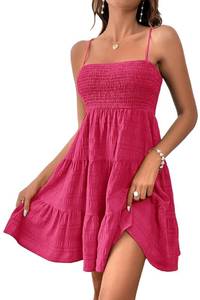 lot 10338 image: HVEPUO Women Spaghetti Strap Sleeveless Smock Cami Mini Dress Summer Vacation Flowy Boho A Line Swing Short Dresses for Women Hot Pink Mini Dress M