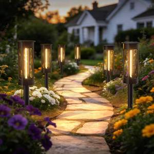 lot 11277 image: Hiromeco Solar Pathway Lights Outdoor Waterproof Garden Lights Solar Powered with 3000K Warm White, Auto OnOff Lighting &12-Hour Illumination - Bright Solar Stake Lights for Lawn Yard - 4 Pack